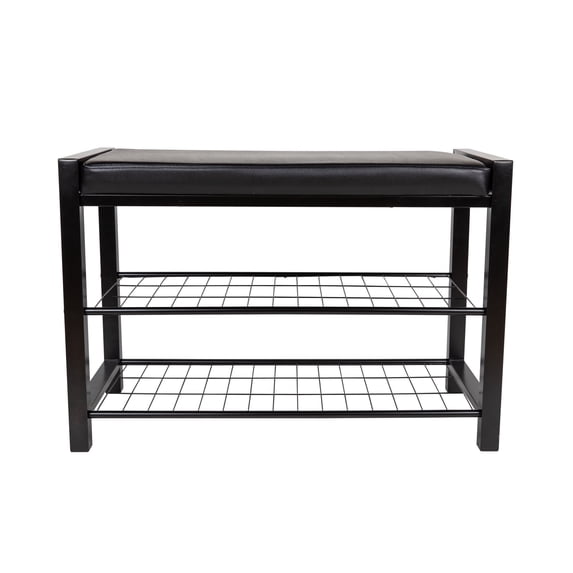 Danya B. Black Leatherette Entryway Shoe Storage Bench with Black Metal Frame