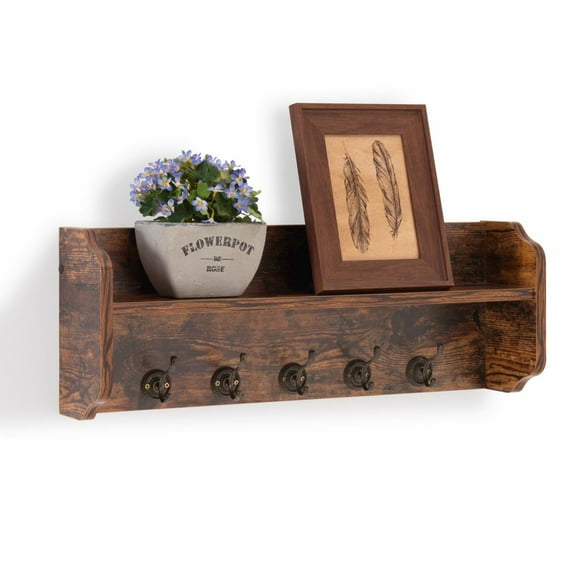 Danya B. Contemporary 5.5" x 25" Medium Distressed Pine Brown MDF Floating Entryway Shelf with Hooks