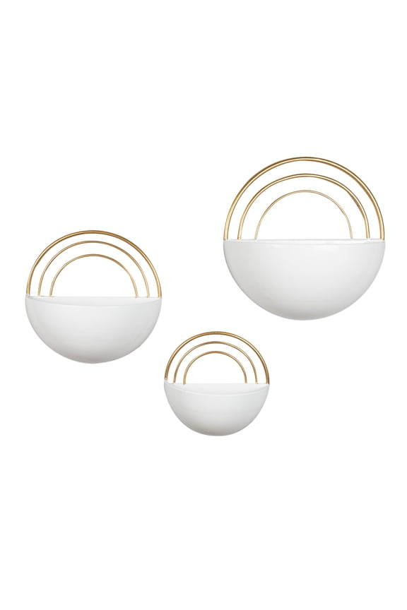 . Crescent 3-Piece Metal Wall Planter Set, Modern, White with Gold Detail Mounted Garden Decor for Real or Artificial Plants, Contemporary Style