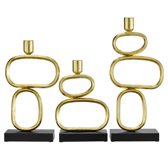 Danya B. Eduardo Midcentury Modern Geometric Sculpted Gold and Black Candlestick Candle Holders - Set of 3