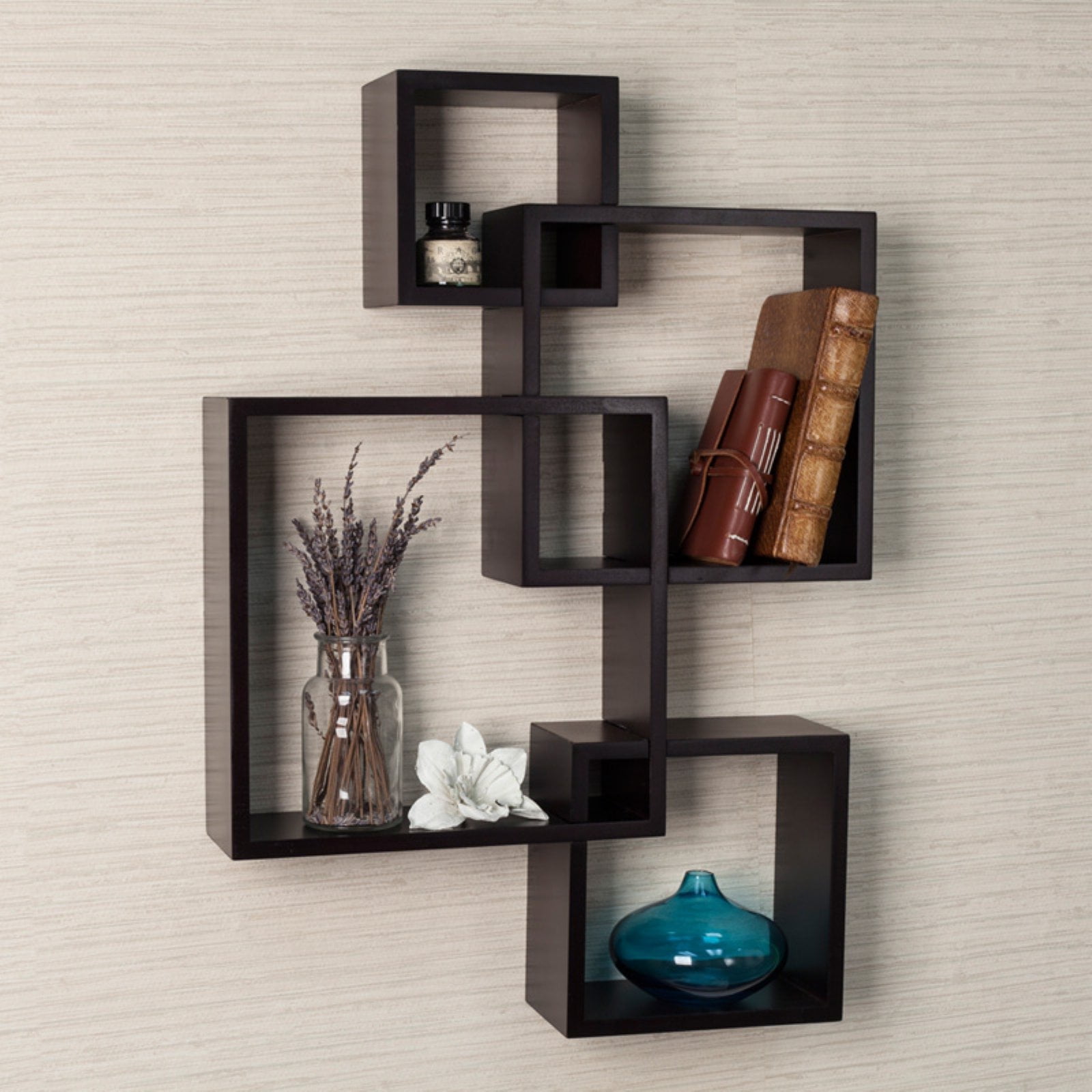 Espresso Wood Floating Cube Wall Shelf, 4-Shelf Unit