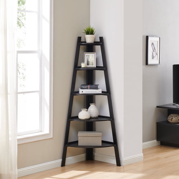 Danya B. Five Tier Corner Ladder Display Bookshelf - Black Finish