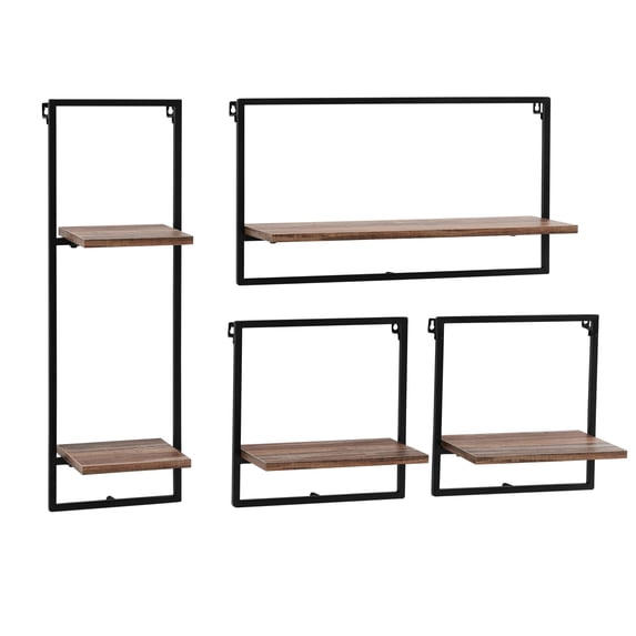 Danya B. Framed Wall Art 4-Piece Modern Shelf Set - Black Metal Frame and Rustic Distressed MDF Shelves