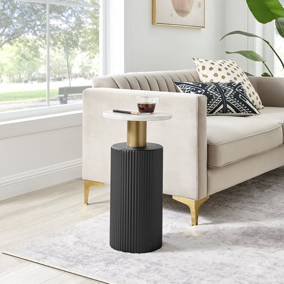 Danya B. Fritz Midcentury Modern Column Side Accent Table with Textured Black Base Gold Metal Column Accents and Faux Marble Laminate Tabletop