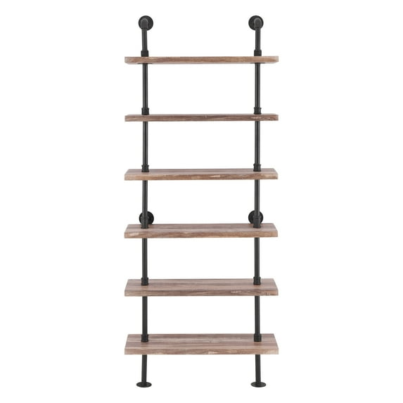 Danya B. Industrial Modern Rustic 6-Tier Iron Pipe Wall Mount Ladder Shelving Unit in Distressed Wood Finish