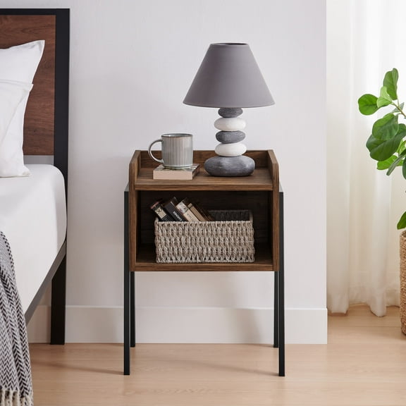 Danya B. Kazuyo Mid-Century Modern Black Metal Two-Tier End Side Table - Walnut