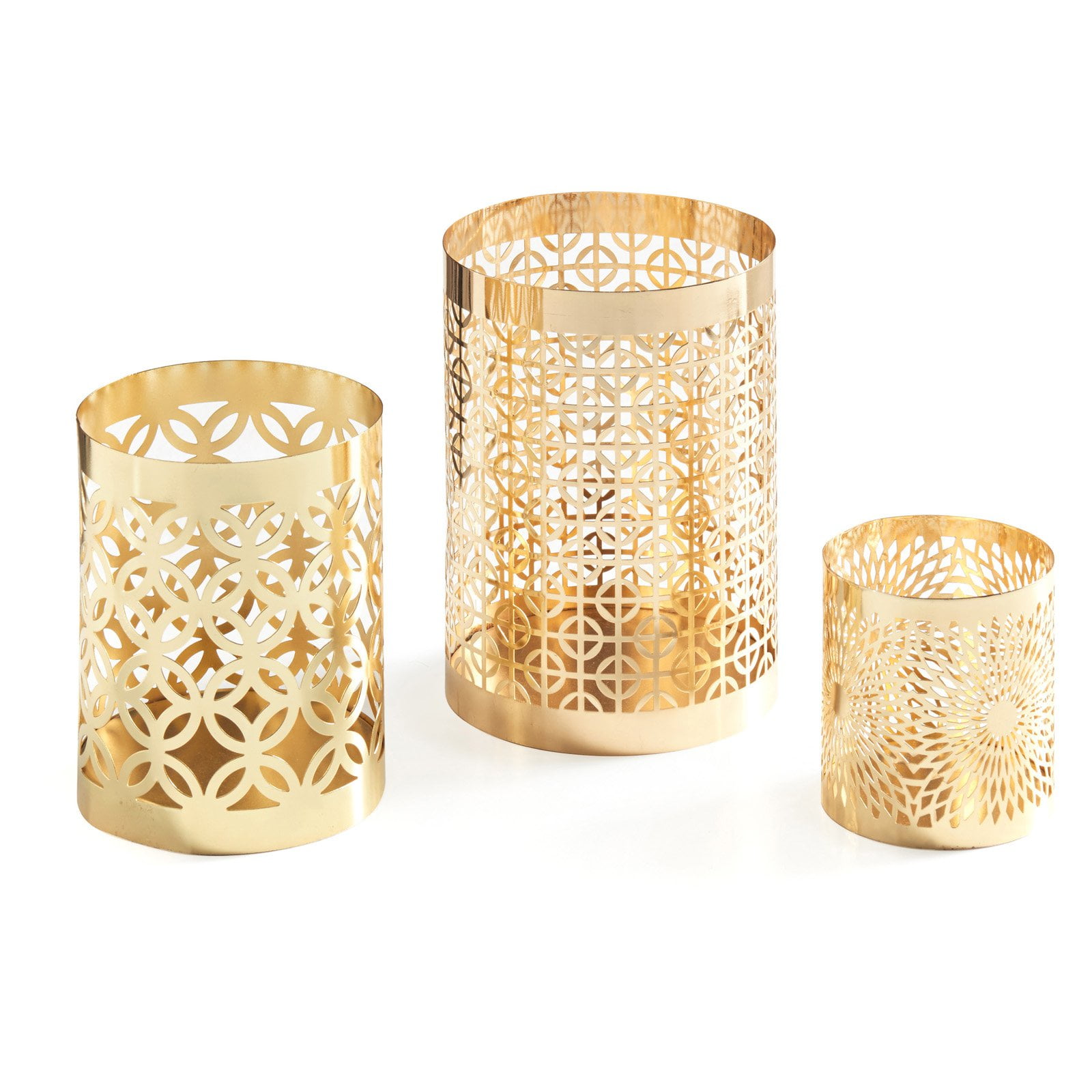 Set of 3 Gold Filigree Metal Hurricane Candle Holders