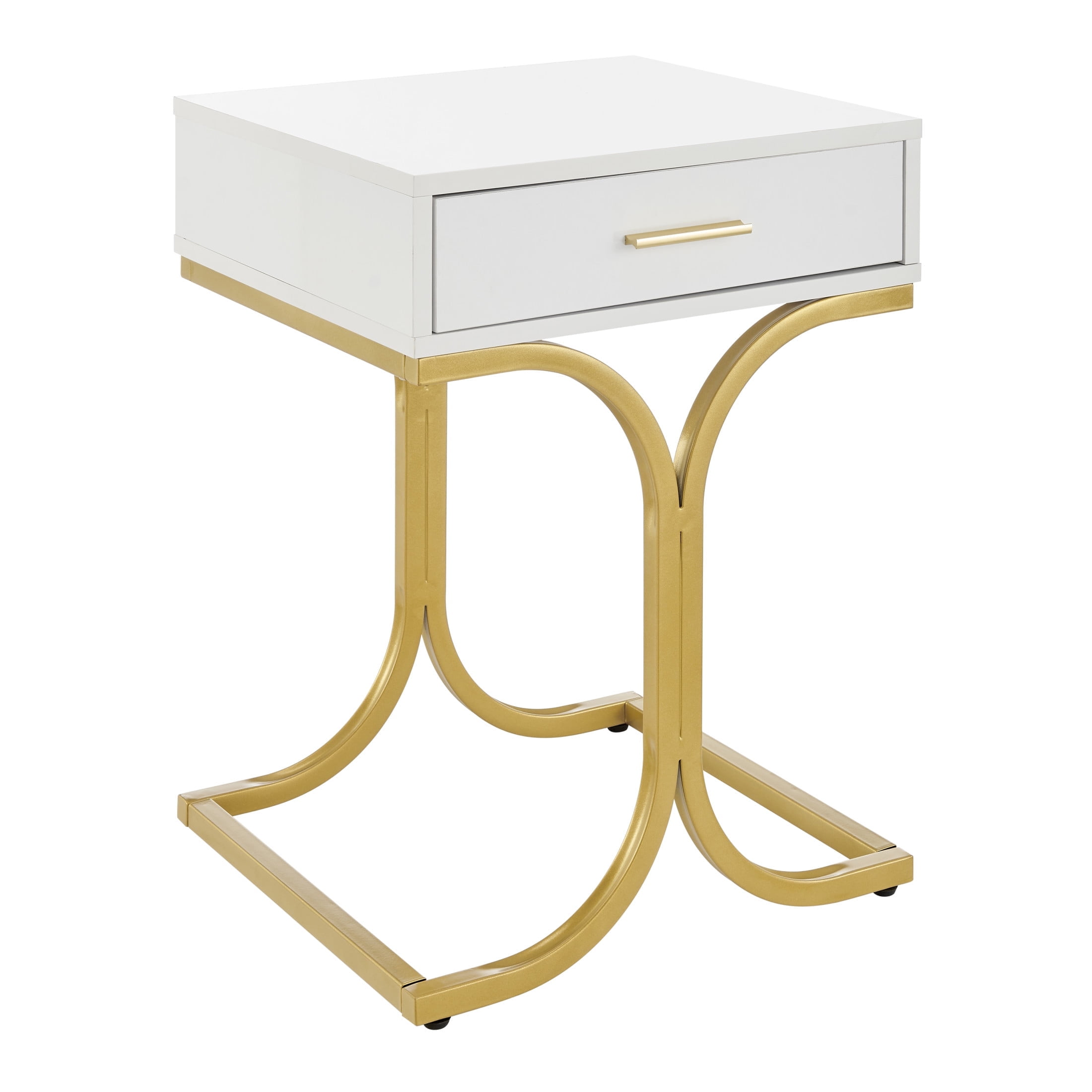 Danya B. Mid-Century Modern Retro White Lacquer and Gold Brass Accent Metal Bedside Nightstand with Single Drawer and Bold Curved Stand