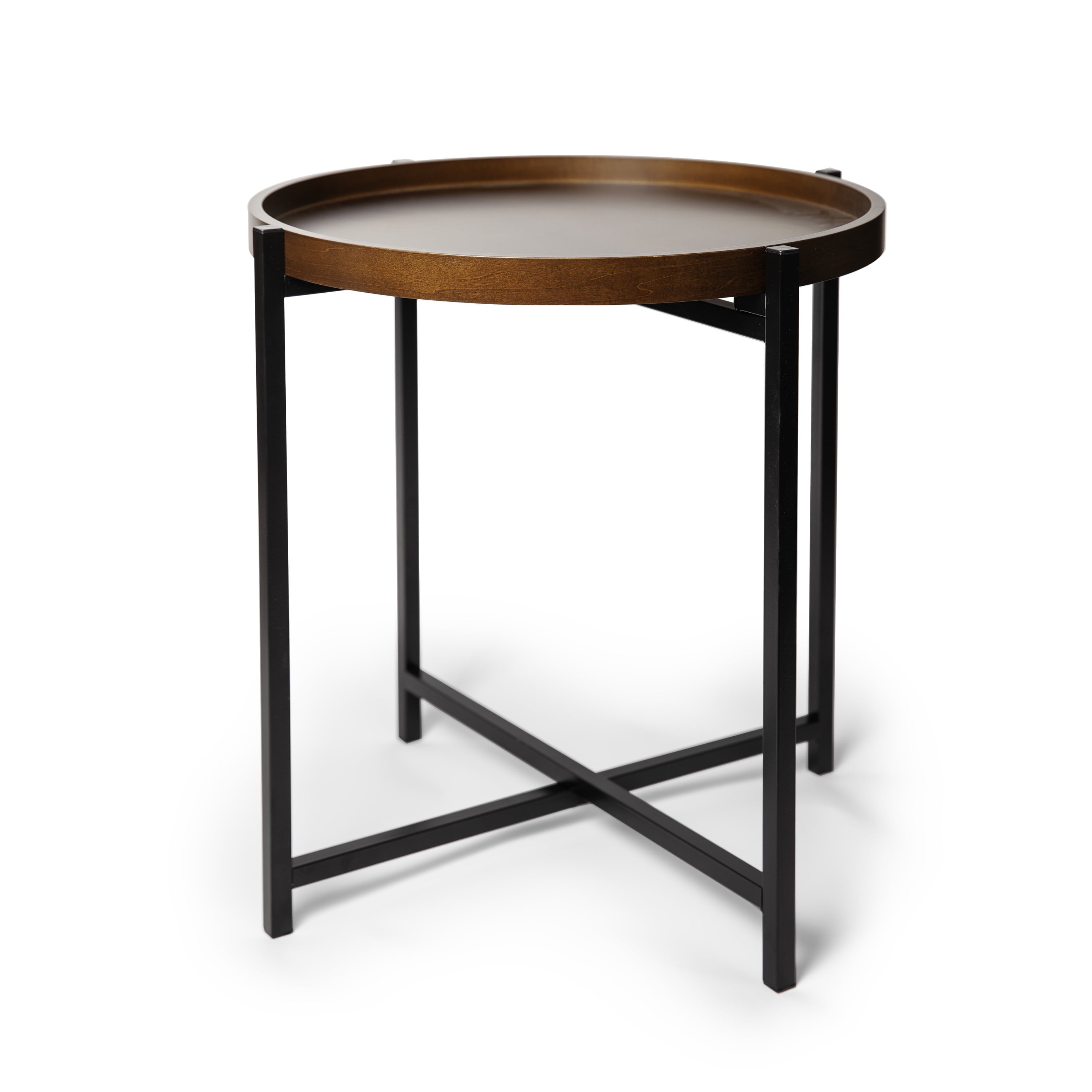 Mid-Century Modern Round Walnut Wood and Black Metal Side Table