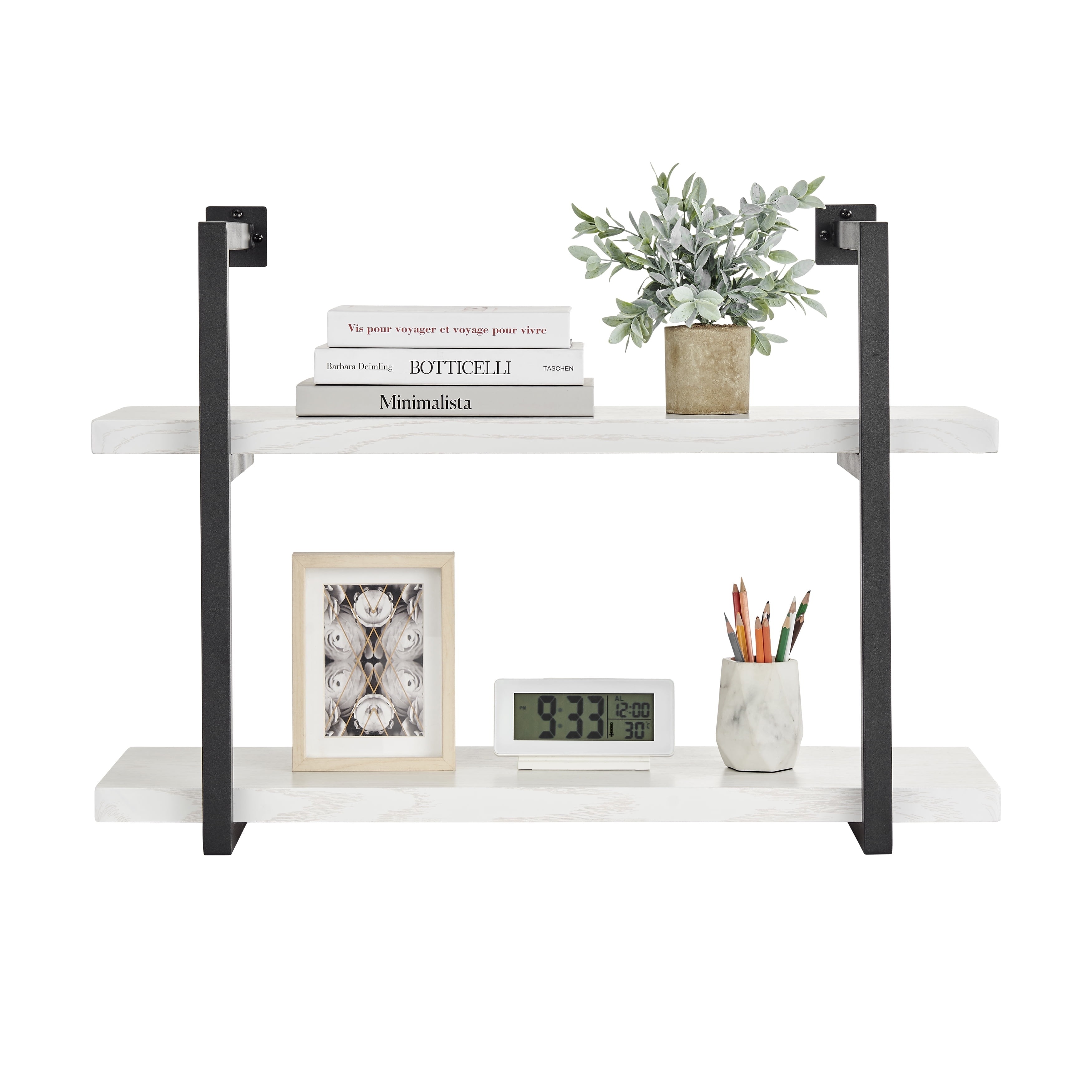 White Birch and Black Iron 2-Tier Floating Wall Shelf