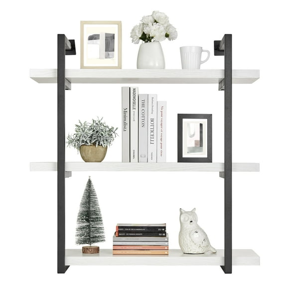 Danya B. Modern 3-Tier Hanging Bracket Wall Shelves in Black Metal and White Birch Finish