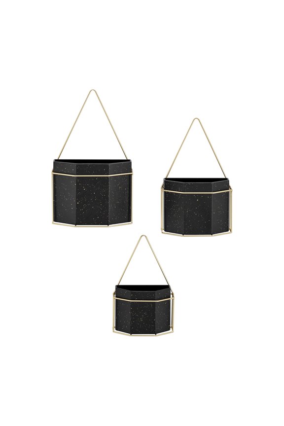 . Modern Geometric Black and Gold Metal Wall Planters - Set of 3