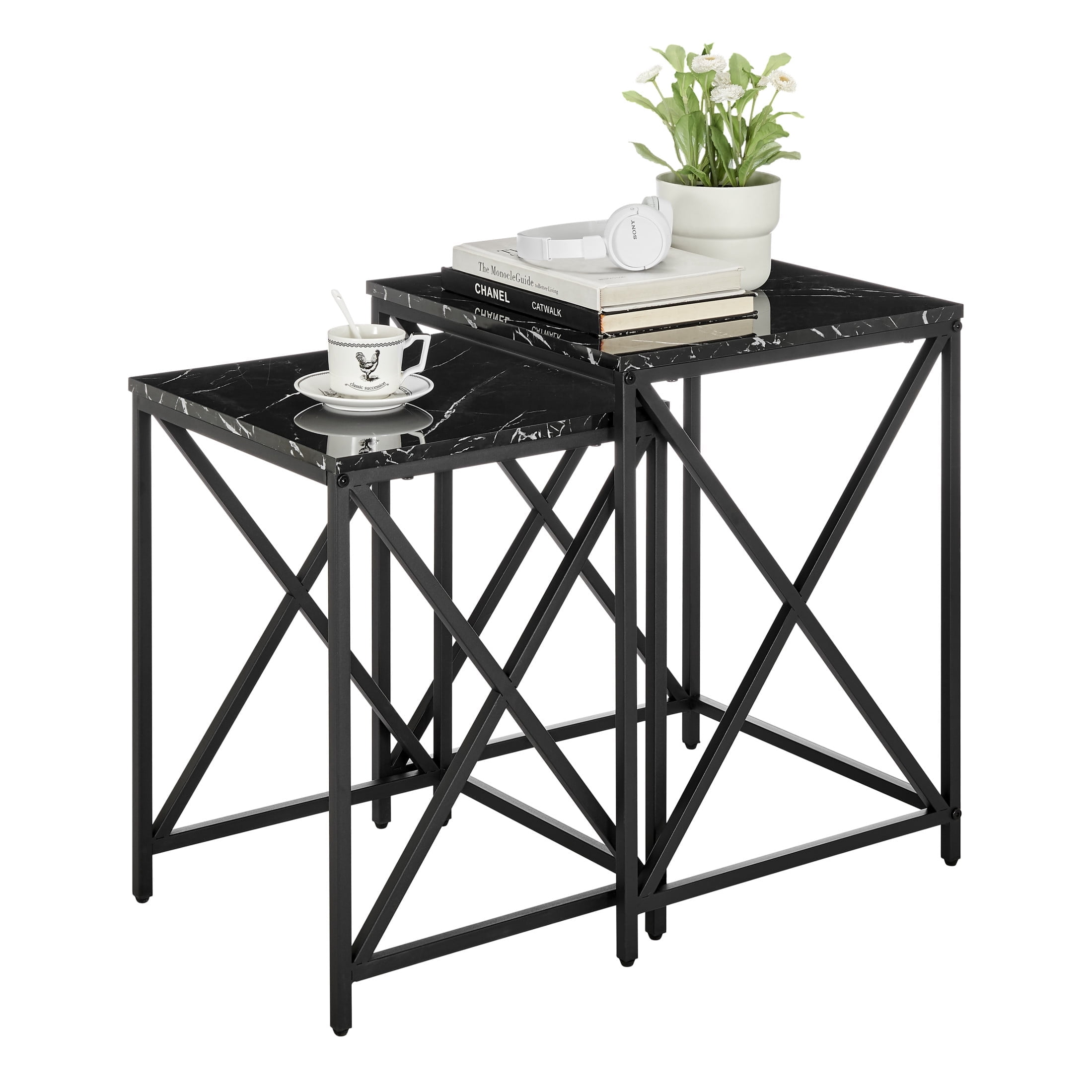 Modern Faux Marble and Black Metal Nesting End Table Set