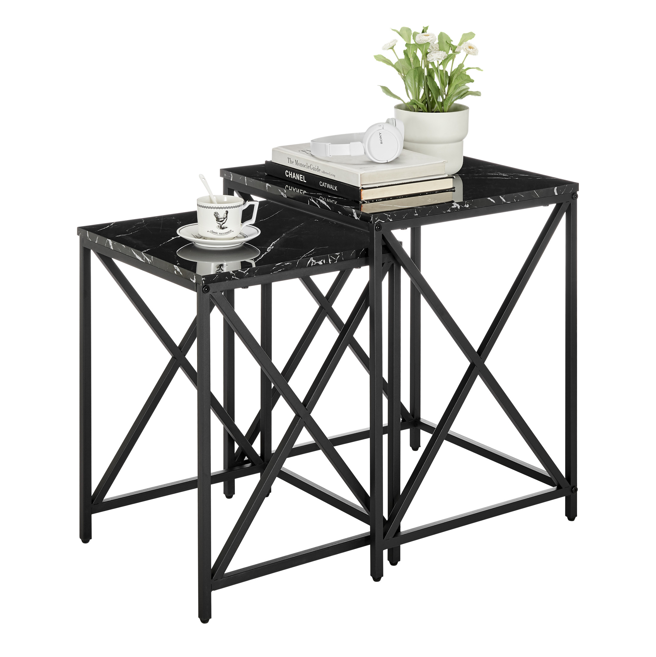 Danya B. Modern Square Marble Finish Veneer Top Black Metal Frame Nesting End Tables Black