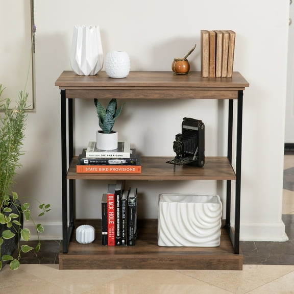 Danya B. Oslo Contemporary Industrial Horizontal 3-Tier Etagere Bookshelf Standing Open 3-Shelf Bookcase Unit Black Iron Metal & Maple Finish