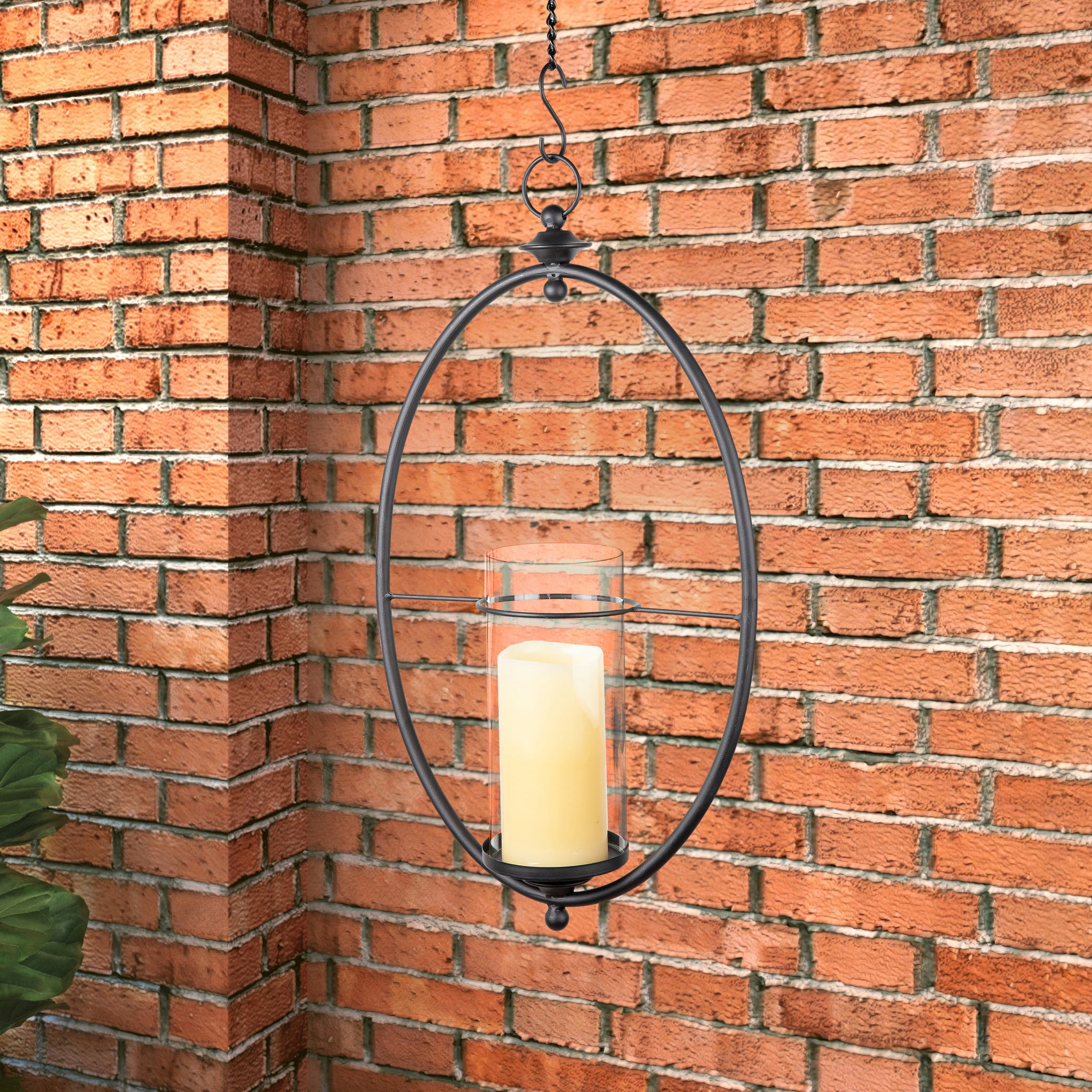 Oval Black Wrought Iron and Glass Hanging Hurricane Candle Sconce