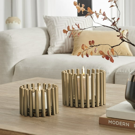 Danya B. Pela Pillar Ring Warm Gold Midcentury Modern Votive Hurricane Candle Holders - Set of 2