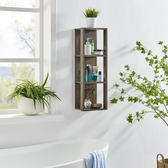 Danya B. Recife Vertical Three-Tier Modern Shadow Box Cube Display Wall Shelf - Hickory