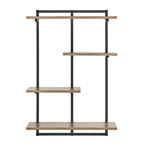 Danya B. Rhodes 4 Tier Modern Floating Windowsill Wall Shelf Unit with Black Metal Frame and Light Walnut MDF Shelves