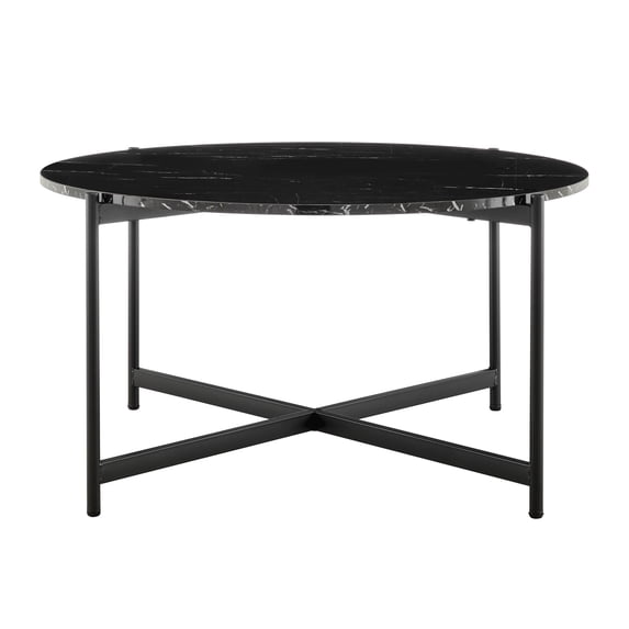 Danya B. Round Contemporary Marble Finish Veneer Top Black Metal Large Coffee Table - Black Marble
