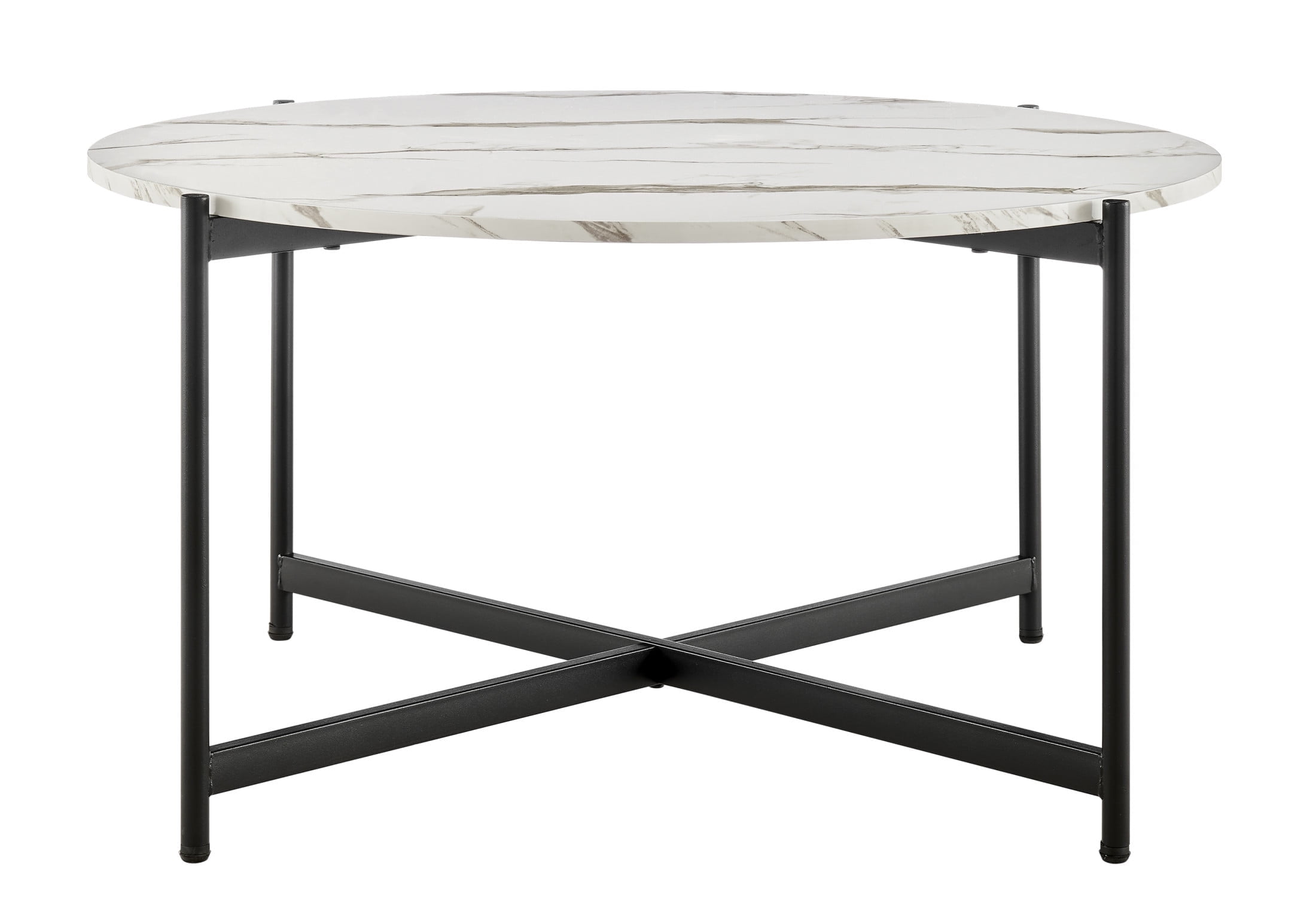 35" Round White Marble Finish Coffee Table with Black Metal Frame