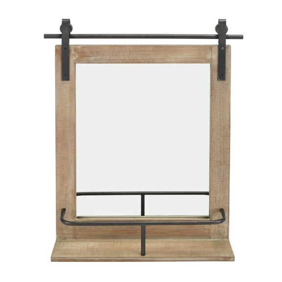 Danya B. Rustic Industrial Wood-Framed Wall Mount Barn Door Vanity Mirror with Shelf and Iron Hardware
