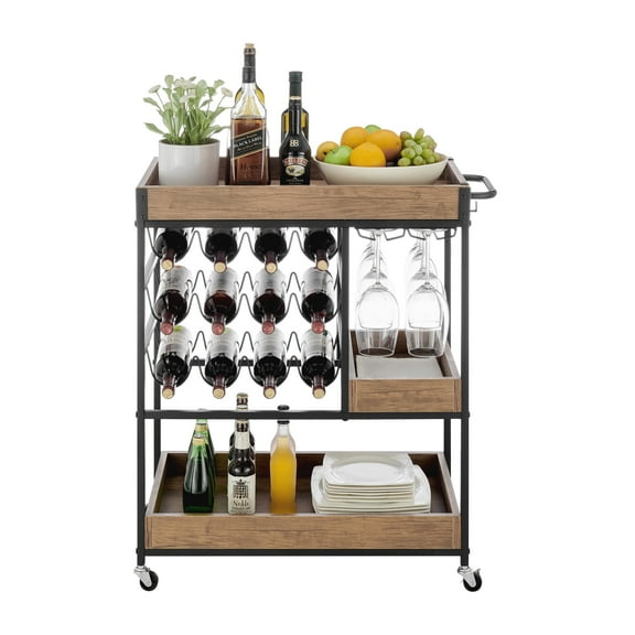 Danya B. Rustic Walnut Veneer and Metal Rolling Farmhouse Wine Bar Cart with Wine Bottle and Glass Rack