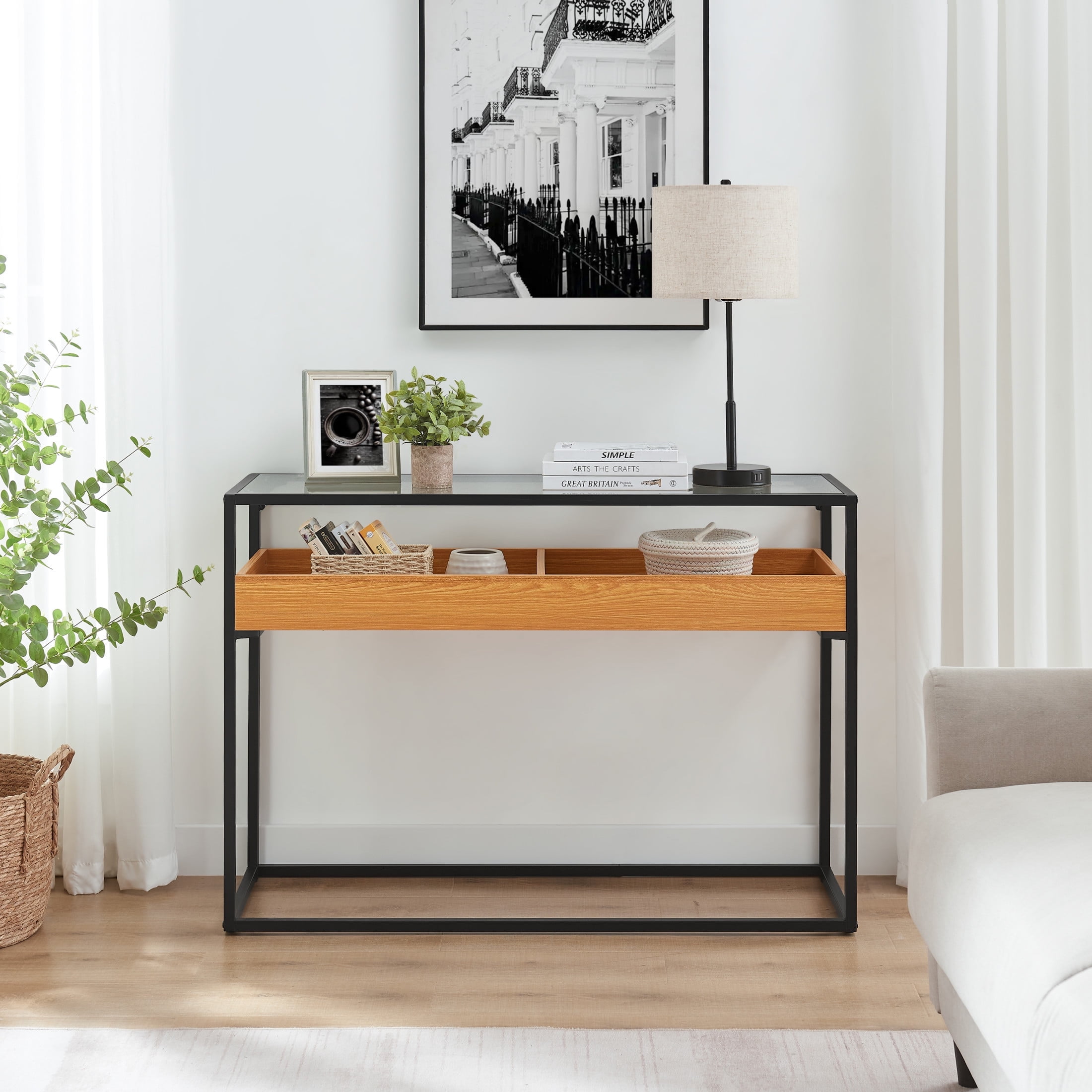 Golden Oak and Black Metal Console Table with Glass Top and Storage Shelf