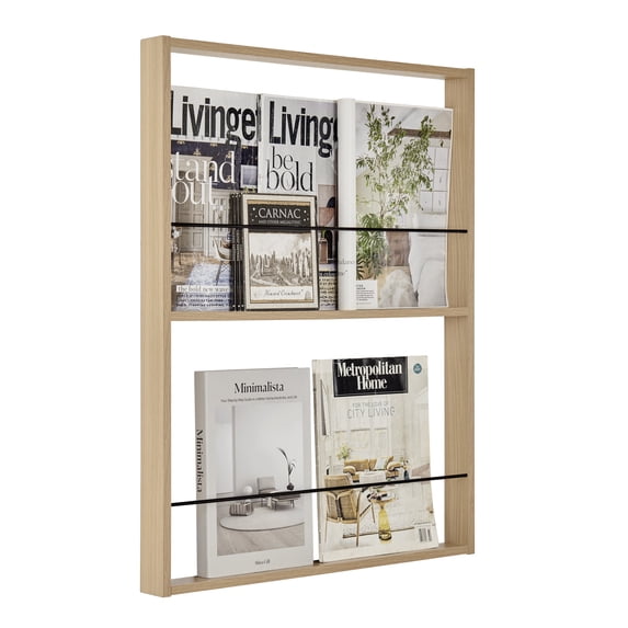 Danya B. Steiner Beech Square Modern 2-Tier Kids Book or Toy Figure Display Unit Wall Mounted Bookshelf with Contrasting Black Rods