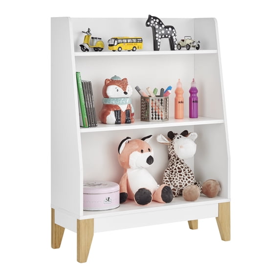Danya B. Steiner White 3-Tier Kids Book or Toy Figure Display Unit Freestanding Bookshelf with Contrasting Wood-Toned Legs