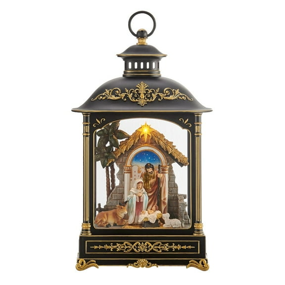Danya B. Tabletop Antique Black and Gold Ornate Christmas Nativity Scene Diorama Lighted Lantern Decoration
