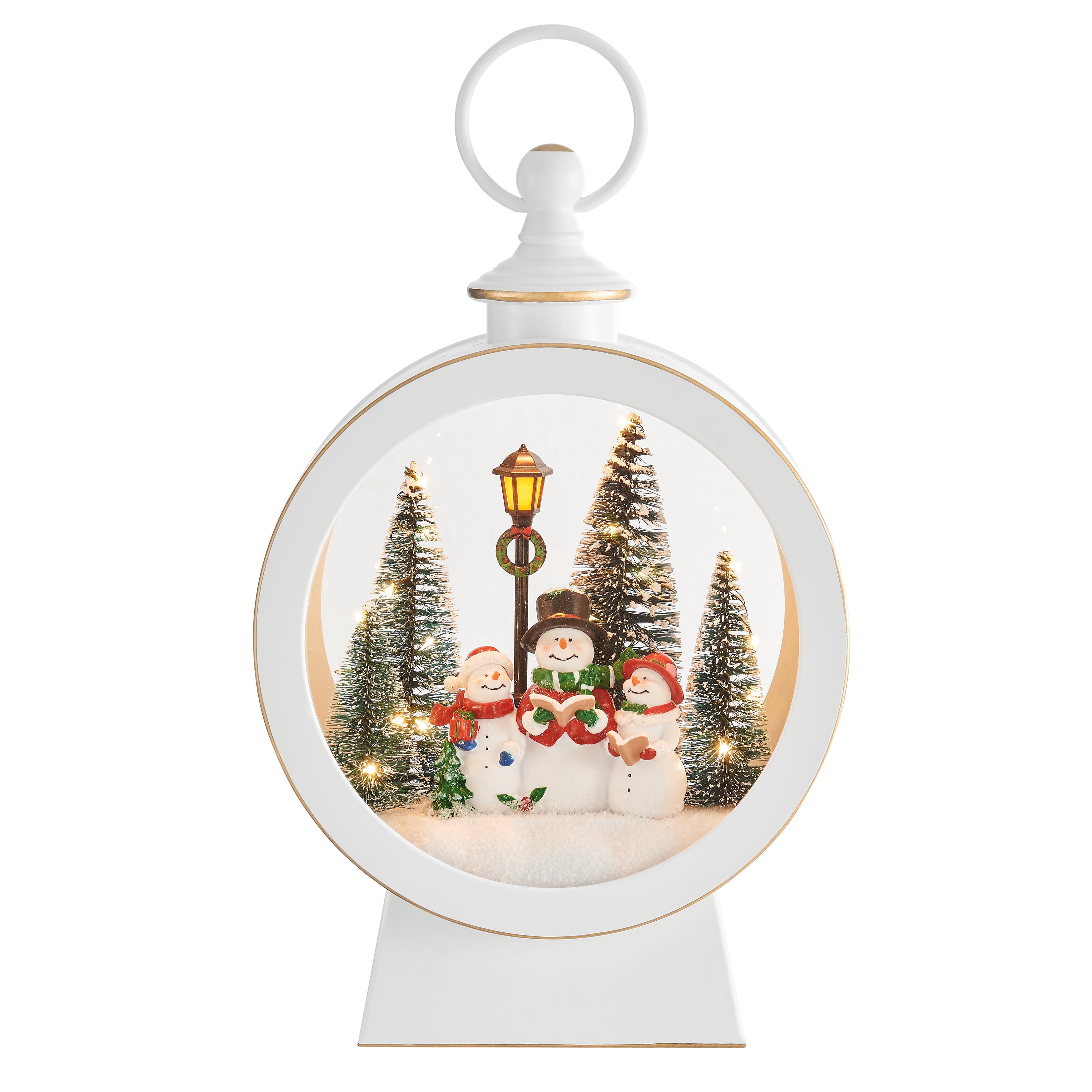 White Oval Lighted Winter Snowman Scene Diorama Lantern