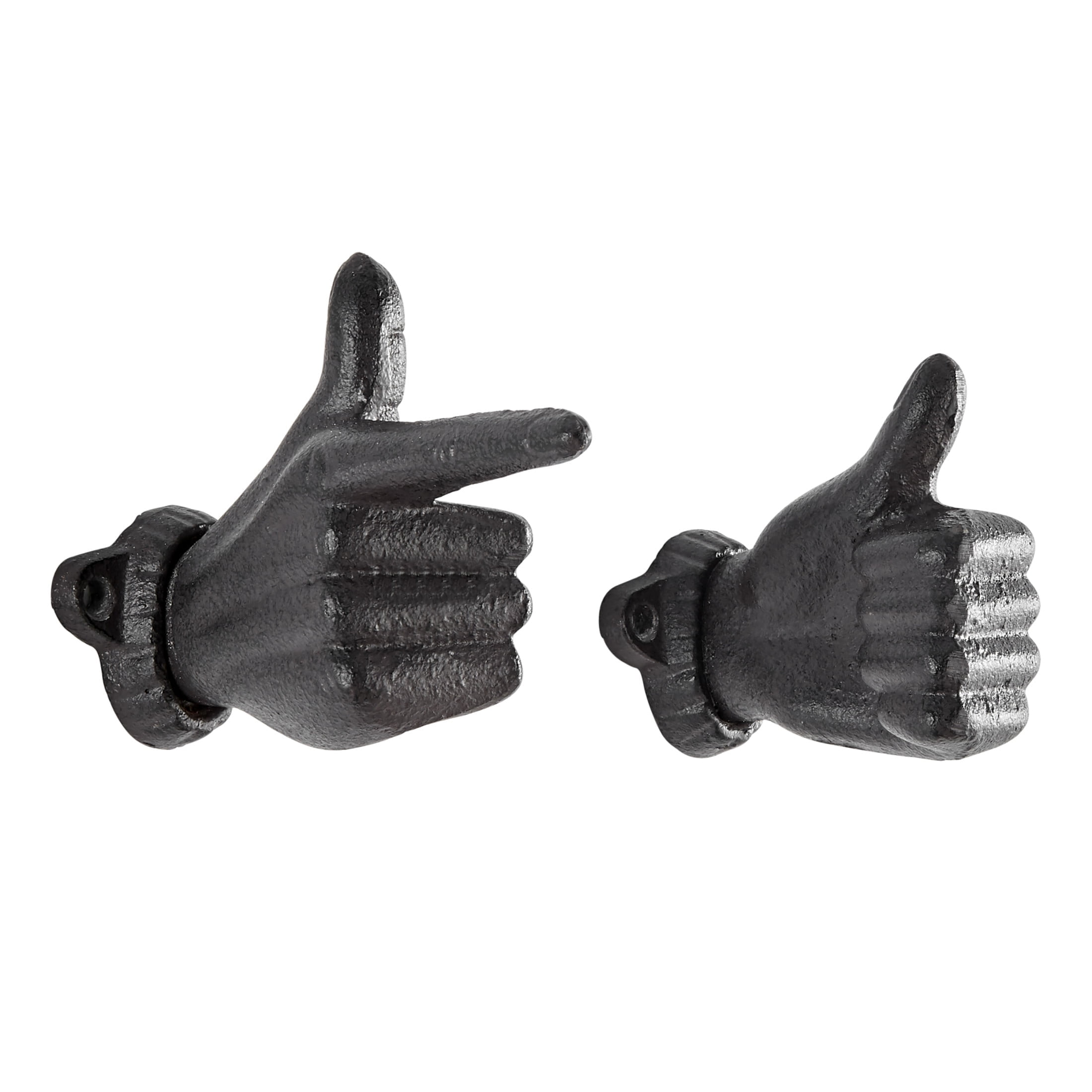 Dark Brown Cast Iron Thumbs Up and Pointing Finger Wall Hook Set