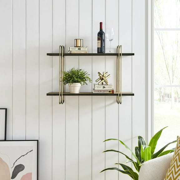 Danya B. Two-Tier Warm Gold and Washed Oak Brown Metal Hanging Bracket Wall Mounted Shelf