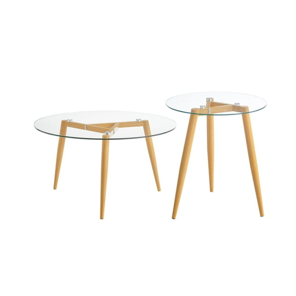 Danya B. Van Beuren Coffee and Side Table Set with Modern Metal Taper Legs and Clear Glass Tabletop - Beech