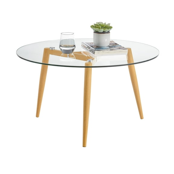 Danya B. Van Beuren Living Room Coffee Table with Modern Metal Taper Legs and Clear Glass Tabletop - Beech