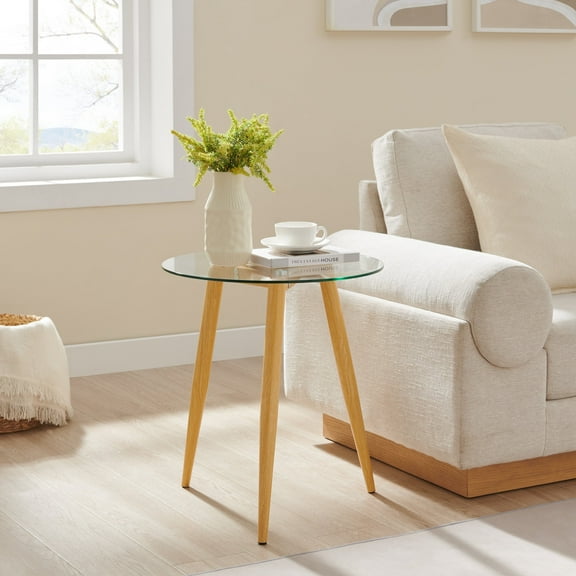 Danya B. Van Beuren Side Table with Modern Metal Taper Legs and Clear Glass Tabletop - Beech