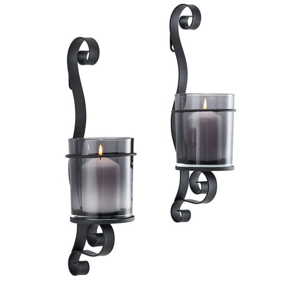 Danya B. Vintage Black Wall Sconce Candle Holder Set (2) with Smoke Glass Hurricanes