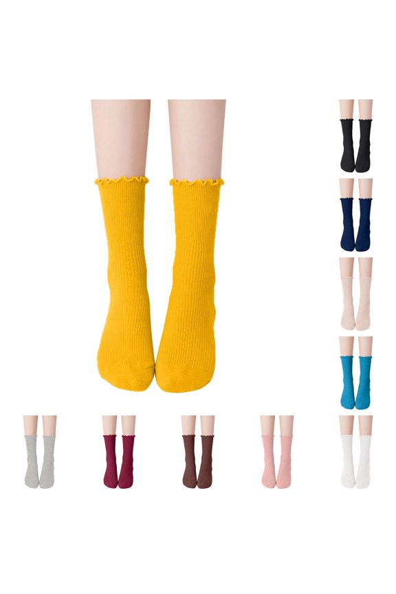 Frilly Ruffle Cuff Ribbed Knit Crew Socks Mid Calf Soft Sweat Wicking Hosiery For Sweet Daily Dress Matching Wear,Yellow,One Size