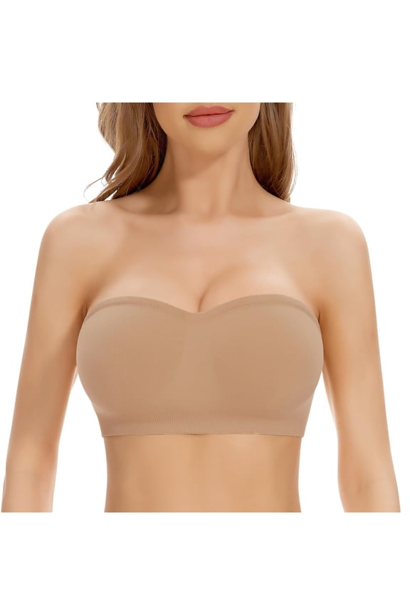 Strapless Wireless Removable Padded Bandeau Bra Ribbed Stretch Heart Neck Anti Elastic Band Tube Top For Daily Lounge Summer Travel Casual Layering Outfits,Beige,L