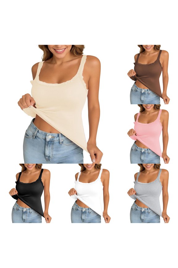 Womens Lace Trim Spaghetti Strap Cami Top Square Neck Ribbed Stretch Slim Fit Basic Layering Tank For Daily Casual Lounge Travel Summer Street Outfits,Beige,S
