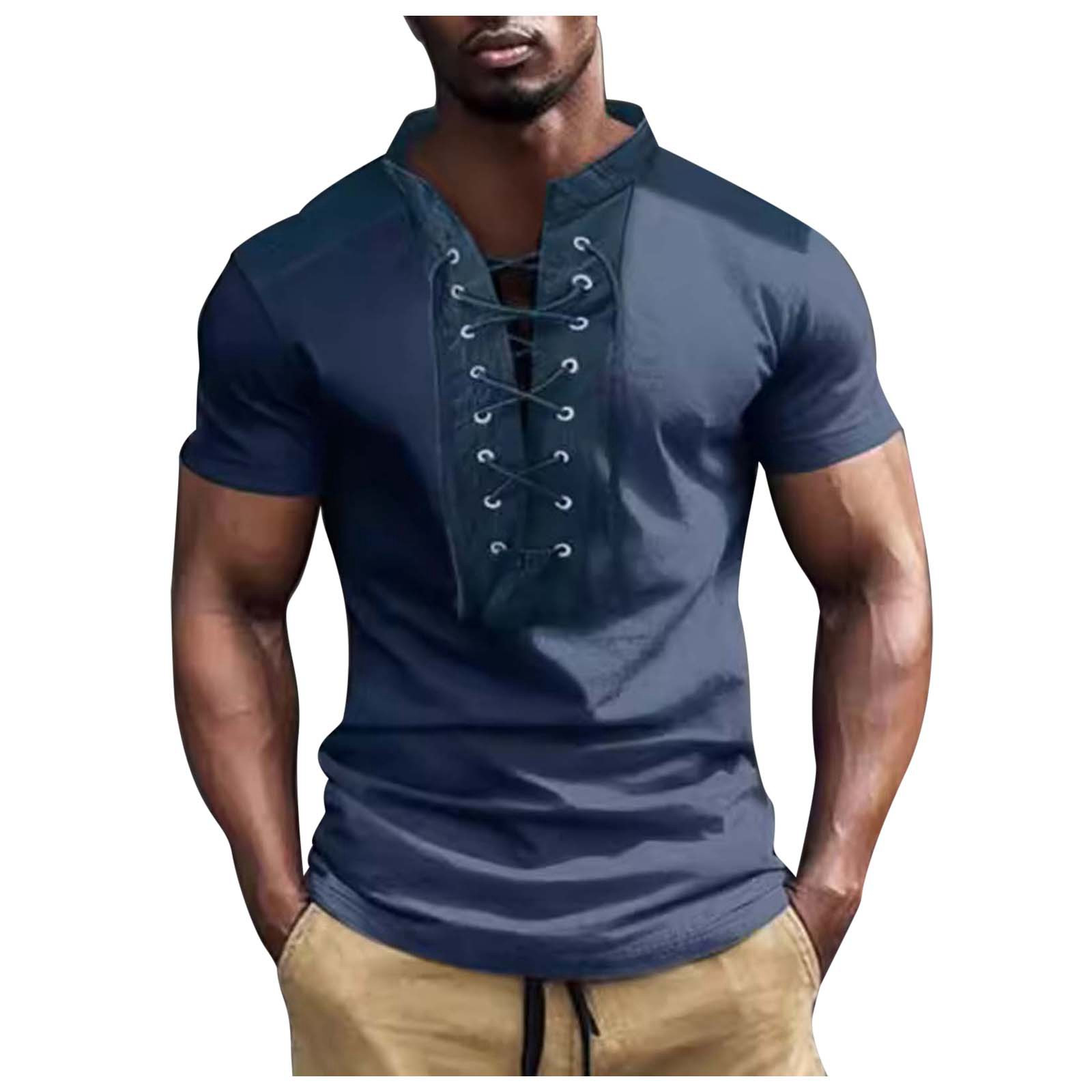 DaoAg Men's New Summer Color Contrast Small Stand Lace Up Short Sleeved