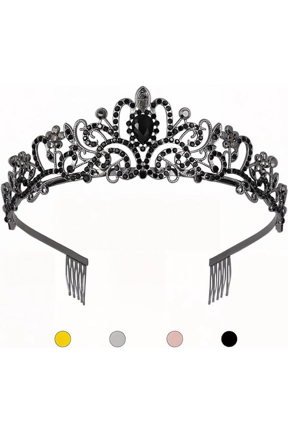 Black Crystal Tiara Crown Headband for Adult Women Girls Prom Queen Princes Bridal Birthday