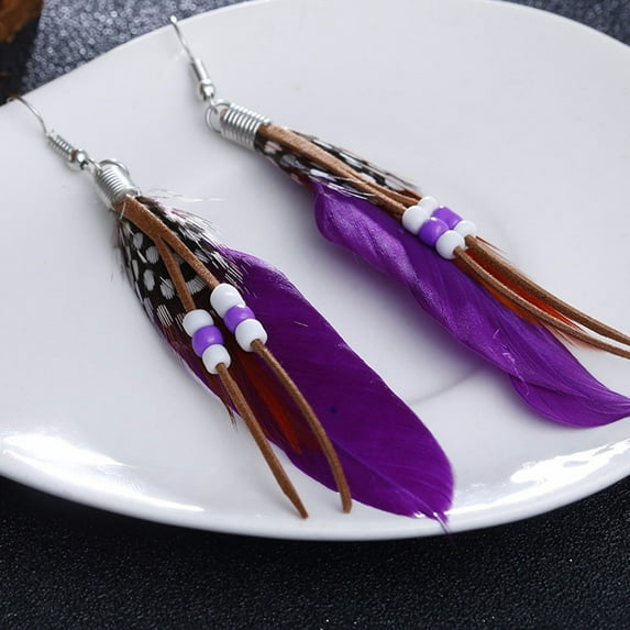 Daolelai Bohemian Style Rice Bead Tassel Feather Earrings