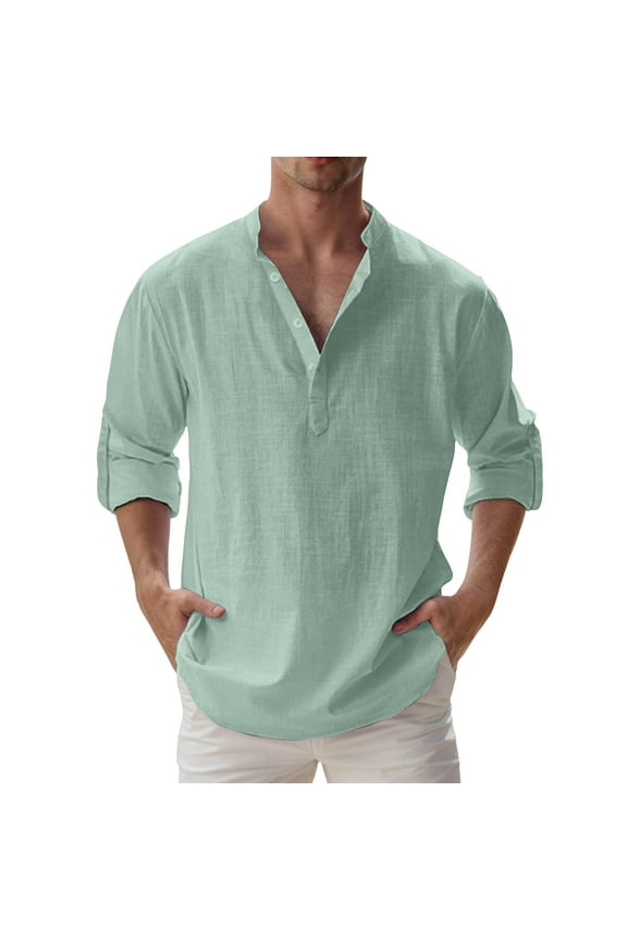 Men's Button-Down Solid Color Stand-Up Collar Imitation Cotton and Linen Shirt