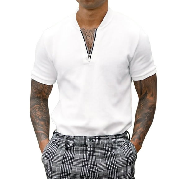 Daolelai Men's Casual Solid Color Zipper Stand Collar Shirt Short Sleeve Tops Shirt