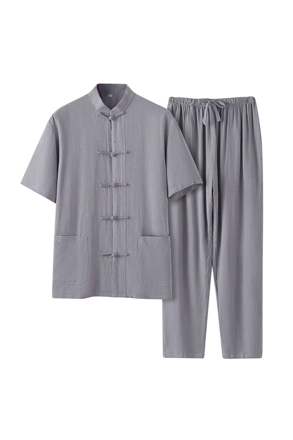 Men's Chinese Style Cotton and Linen Tang Suit Chinese Short-Sleeved Suit National Retro Loose Tai Chi Clothing Casual Shirt Suit