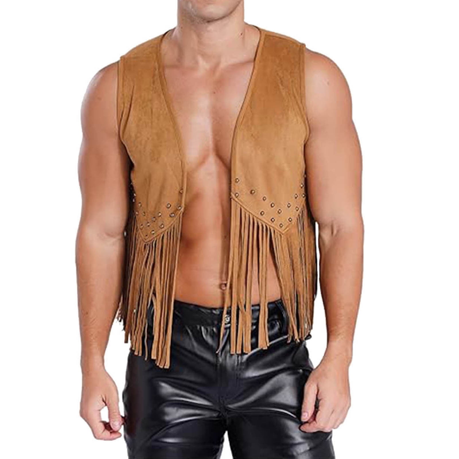 Daolelai Men's Hippie Suede Buttonless Vest Jacket V-Neck Orange Hippie ...