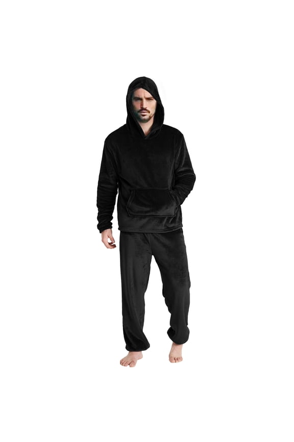 Men's Hooded Long-Sleeved Top and Long Pants Flannel Two-Piece Suit