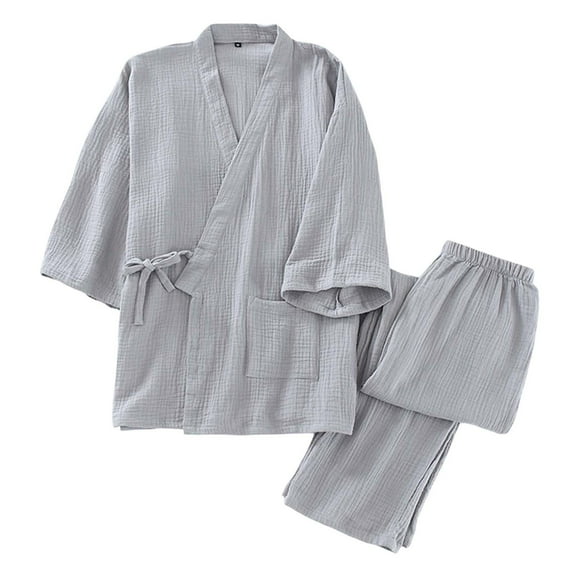 Daolelai Men's Japanese Kimono Pajamas Spring and Autumn Encrypted Washed Crepe Gauze Cotton Home Clothes Suit Loose